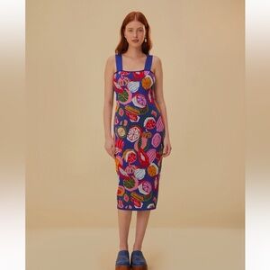 NWOT FARM Rio Square Neck Midi Colorful All Over Print Fruit Salad Dress Size M
